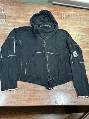 Vintage Destroyed Black Zip-Up Hoodie with White Accents by Nice Collective